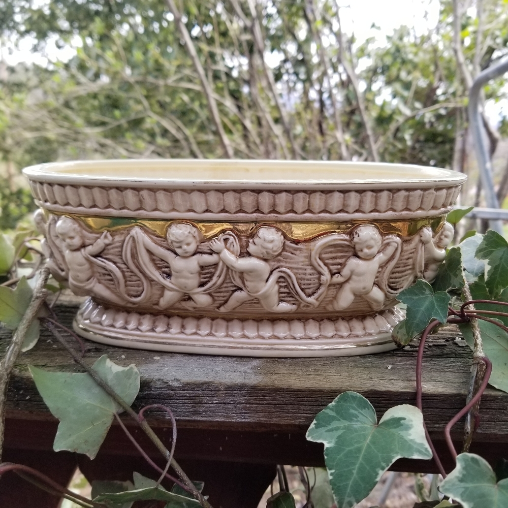 24 K gold plated vintage planter with cherubs